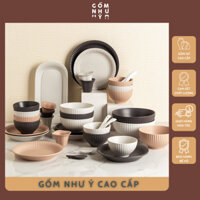 Bộ bát đĩa sứ Avera cao cấp màu trơn vân dọc 3D - Bộ chén đĩa Mix màu Decor Như Ý