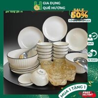 Bộ Bát Đĩa Sứ, Bát Tô Bát Ăn Cơm Cao Cấp, Bát sứ Trắng Viền Đen Men dày Sáng bóng tặng 4 cốc quai ,2 muôi canh inox M150