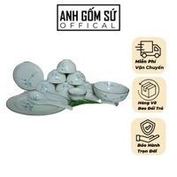 Bộ bát đĩa sứ Bát Tràng, bộ chén dĩa men kem họa tiết đào xanh cao cấp 13 chi tiết