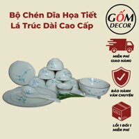 Bộ bát đĩa sứ Bát Tràng cao cấp, bộ chén dĩa men kem họa tiết đào xanh, có bán lẽ từng món