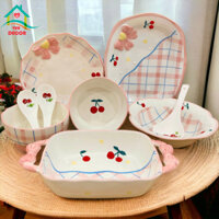 Bộ bát đĩa sứ Cherry Kèm Nơ-chén bát-chén dĩa sứ Decor-bộ bát ăn cơm dễ thương phủ men bóng phongcáchVintage,VuaDecor
