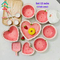 Bộ bát đĩa sứ Dâu Hồng-SET 5-12 MÓN chén bát-chén dĩa sứ Decor-bộ bát ăn cơm dễ thương phủ men,VuaDecor
