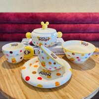 Bộ bát đĩa sứ Decor, Chén dĩa dễ thương Bát ăn cơm, Bộ chén dĩa hoạ tiết gấu Pooh chính hãng cao cấp