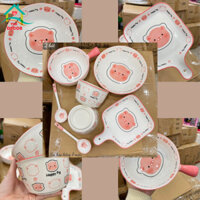 Bộ bát đĩa sứ Heo Hồng-BỘ 7 MÓN-chén bát Decor-bộ bát ăn cơm dễ thương phủ men bóng viền hồng,chén dĩa sứ VuaDecor