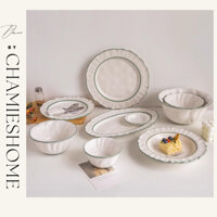 Bộ Bát Đĩa Sứ Hepburn Lượn Sóng Kiểu Pháp, Tô Dĩa Sứ Chấm Tiêu Cao Cấp Chamies