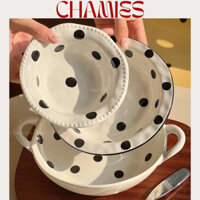 Bộ Bát Đĩa Sứ Màu Trắng Chấm Bi Dáng Méo Chamies Phong Cách Hàn Quốc