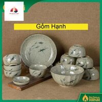 Bộ Bát Đĩa Sứ Men Tiêu Bát Tràng Cao Cấp Tô Chén Sứ Ăn Cơm Hoạ Tiết Chuồn Chuồn Cỏ, Gốm Sứ Bát Tràng Cao Cấp