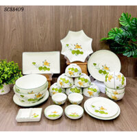 Bộ Bát Đĩa Sứ Set Bát Ăn Cơm Tô Canh Hoạ Tiết Sen Cam Vẽ Tay Gốm Sứ Bát Tràng Làm Quà Tặng Cao Cấp