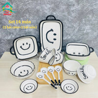 Bộ bát đĩa sứ Smile-SET 14 MÓN-chén bát Decor-bộ bát ăn cơm dễ thương phủ men bóng màu đen trắng,chén dĩa sứ VuaDecor