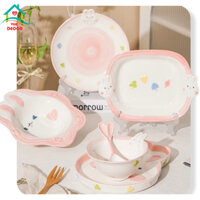 Bộ bát đĩa sứ Thỏ Hồng 3D-BỘ 6-8 MÓN-chén bát Decor-bộ bát ăn cơm dễ thương phủ men bóng,chén dĩa sứ cute VuaDecor