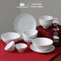 Bộ bát đĩa sứ trắng 12 món vân xoáy cách điệu - Set chén dĩa sứ thương hiệu CK cho nhà hàng, khách sạn