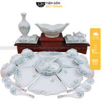 Bộ Bát Đĩa Sứ Trắng Cúng Gia Tiên 3 Size Hoạ Tiết Sen Xanh Vẽ Tay Chén Dĩa Sứ Bát Tràng Làm Quà Tặng Ý Nghĩa
