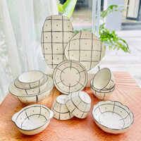 Bộ bát đĩa sứ trắng decor, Chén dĩa dễ thương, Bát ăn cơm, Bộ chén dĩa hoạ tiết Karo siêu đẹp sét 13 món