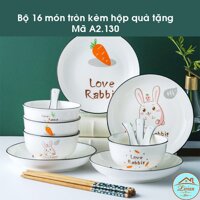 Bộ bát đĩa sứ trắng họa tiết thỏ con - cà rốt 16 món,18 món - cực xinh