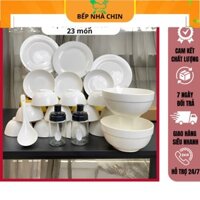 Bộ Bát Đĩa Sứ Trắng Trơn Mộc 23 Chi Tiết TẶNG KÈM Muôi Canh Sứ VÀ 2 Hũ Đưng Gia Vị cao cấp_M142