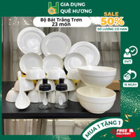 Bộ Bát Đĩa Sứ Trắng Trơn Mộc 23 Chi Tiết,Bát Đĩa Bát Tràng Trơn Bộ Tô Chén Tặng Kèm Muôi Canh Sứ + 2 Hũ Đựng Gia Vị M142
