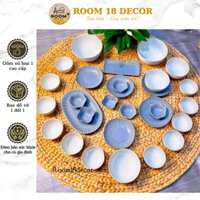 Bộ bát đĩa sứ trắng xanh vân nổi phong cách Bắc Âu tráng men sang trọng cho gia đình