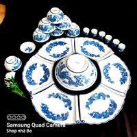 Bộ bát đĩa thắp hương sứ Bát Tràng cao cấp hình cuốn thư 16 món  size đại ĐK52cm - Bộ Long - phượng