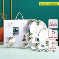 Bộ bát đĩa thìa 14 món / 22 món họa tiết lá sen mềm mại, Gốm sứ men bóng họa tiết vẽ tay