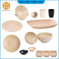 Bộ Bát, Đĩa, Thìa, Đũa Nhựa Phíp Chịu Nhiệt Nhựa Việt Nhật, Màu Đen/Nâu Nhám – Decor văn phòng