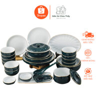 Bộ bát đĩa xanh cổ vịt lòng trắng viền vàng, sét chén đĩa ăn cơm, chén cơm, bát cơm dáng châu âu