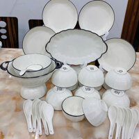 Bộ Bát Đĩa Xoăn Trắng Viền Đen[ 30 món] Thương Hiệu Bát tràng nước men sáng bóng, rẻ, đẹp, Hàng Loại 1