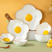 Bộ bát gốm Bộ bát đĩa Poached Hình quả trứng Bát cơm dễ thương Đĩa ăn sáng cho trẻ em