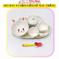 Bộ bát gốm sứ màu Trắng cho bé ăn dặm NPP Baby Tôm. Chén bát ăn dặm gốm sứ an toàn, đáng yêu