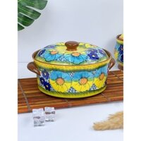 Bộ Bát Sứ Đẹp, Âu Có Nắp, Bát Đĩa Xuất Âu Họa Tiết Dạ Yến Vàng Mix Xanh Dương Vẽ Tay