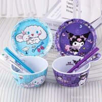 Bộ bát và đĩa chống bỏng Kuromi dễ thương Cinnamoroll Hello Kitty Melody Pochacco Bộ đồ ăn trẻ em Bát Melamine Trẻ em Bát chống rơi Bát Đũa Đĩa Quà tặng