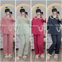 Bộ bầu Bộ sau sinh dài tay đũi xốp kẻ cổ sen viền ren có khóa kéo cho bé ti - B187