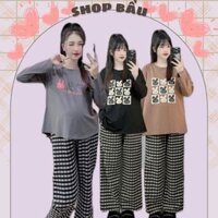 Bô bầu dài tay quần kẻ caro chất cotton co dãn m292 bộ mặc nhà và sau sinh với hình in đáng yêu