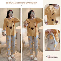 Bộ Bầu Mặc Nhà Cotton Gấu cam Đồ Bầu Sau Sinh Mở 2 Bên Cho Con Bú Và Quần Chun Chỉnh Bụng, Dài Tay Chicmom