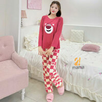 Bộ Bầu Mặc Nhà Cotton Gấu đỏ Đồ Bầu Sau Sinh Mở 2 Bên Cho Con Bú Và Quần Chun Chỉnh Bụng, Dài Tay 2mama