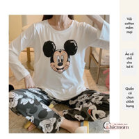 Bộ Bầu Mặc Nhà Cotton Mickey Đồ Bầu Sau Sinh Mở 2 Bên Cho Con Bú Và Quần Chun Chỉnh Bụng, Dài Tay Chicmom