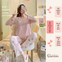 Bộ Bầu Mặc Nhà Cotton Thỏ hồng Đồ Bầu Sau Sinh Mở 2 Bên Cho Con Bú Và Quần Chun Chỉnh Bụng, Dài Tay Chicmom
