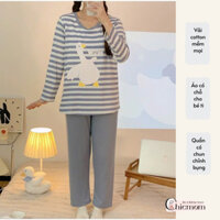 Bộ Bầu Mặc Nhà Cotton Vịt xanh Đồ Bầu Sau Sinh Mở 2 Bên Cho Con Bú Và Quần Chun Chỉnh Bụng, Dài Tay Chicmom