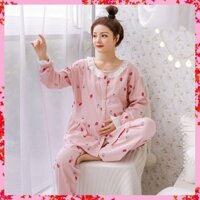 Bộ bầu - sau sinh mặc nhà - cho con bú - 2 chức năng - chất liệu cotton ( Qủa dâu chấm sọc - Dài )