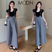 Bộ bầu thời trang mùa hè xinh gồm áo cộc tay thun cotton và quần yếm dài kẻ caro chất mềm đẹp X299 bigsize