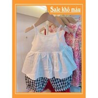 BỘ BÉ GÁI ÁO 2 DÂY REN HOA + QUẦN KẺ CARO - Đầm Nữ ANHStore