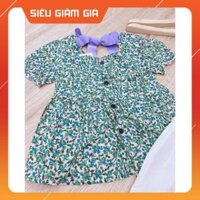 BỘ BÉ GÁI ÁO HOA XANH BUỘC NƠ TÍM MIX QUẦN ĐÙI TRẮNG - Váy HOT HIT ANHStore