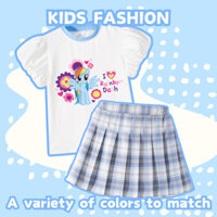 Bộ Bé Gái Dễ Thương Tay Bong Bóng Áo Phông Little Pony Màu Sắc Tương Phản Thoáng Khí Áo Cotton Cổ Điển JK Xếp Ly Váy Kẻ Sọc Trẻ Em 2 Chiếc