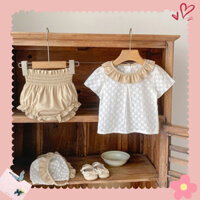 Bộ Bé Thêu Hoa Tay Ngắn Top Quần Bánh Mì Mũ Bé Gái Bộ Ba Mảnh