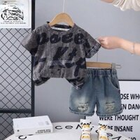 Bộ Bé Trai Áo Thun In Chữ Quần Jean Rách 1-5 tuổi
