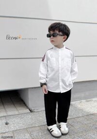 Bộ Beemo áo sơ mi cổ tàu màu trắng vai sọc đỏ - quần đen bé trai size 80 - 130