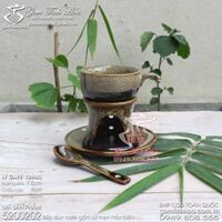 Bộ bếp hâm nóng cafe gốm sứ Bát Tràng men hỏa biến màu gấm - Ly cafe, bếp sứ, đĩa sứ &amp; Thìa sứ