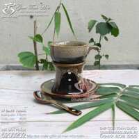 Bộ bếp hâm nóng cafe gốm sứ Bát Tràng men hỏa biến màu gấm - Ly cafe, bếp sứ, đĩa sứ &amp; Thìa sứ