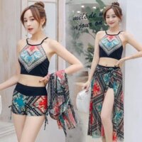 Bộ bikini, bộ bơi 3 món áo yếm có đệm ngực kèm khăn thổ cẩm mềm mại nữ tính