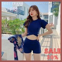 Bộ Bikini, Bộ Bơi 3 Món Nữ Tính, Áo Thiết Kế Đệm Ngực Xoắn Eo Khăn Voan Nhẹ Nhàng