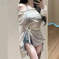 Bộ Bikini chia đôi thể thao màu xanh cà vạt + Áo ba mảnh Đồ bơi gợi cảm